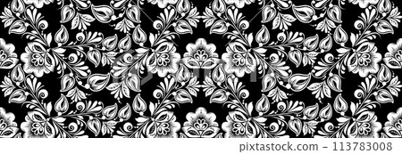 Vintage russian ornament for black white floral print. Seamless pattern. Background khokhloma design. 113783008