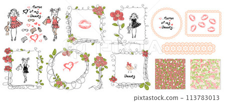 Floral girls doodle frames in hand drawn style. Birthday party. Leaves and rose background vector. Floral girls doodle frames in hand drawn style. Birthday party. Leaves and rose background vector. 113783013