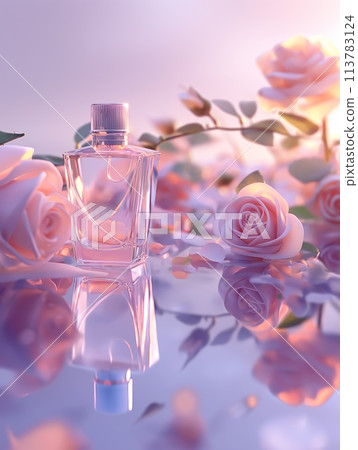 Solitary perfume bottle in a rose reflection 113783124