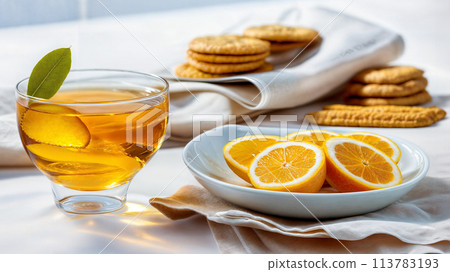 Fresh sliced lemon with biscuits and herbal tea 113783193