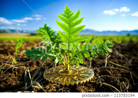 A young leaf grows from the roots of a golden gear. 113783194