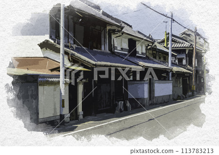 Watercolor painting of Hayashima townscape, Hayashima-cho, Tsukuba-gun, Okayama Prefecture 113783213