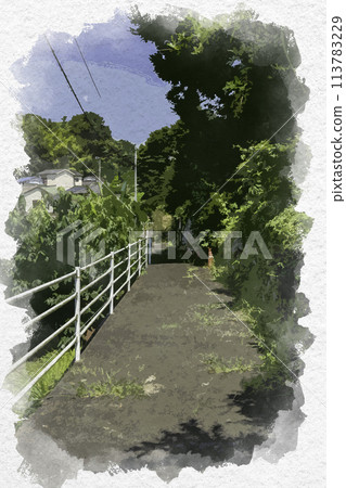 水彩風格早島城市景觀，永生之路，岡山縣築保區早島町 113783229
