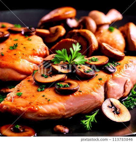 Chicken Marsala pan seared chicken Marsala wine sauce mushrooms parsley garnish Culinary and Food concept 113783846