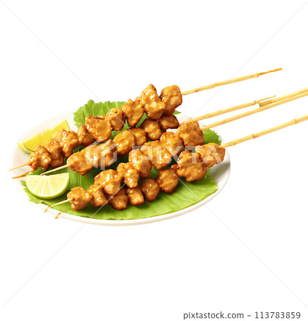 Chicken satay golden skewered meat peanut sauce drizzling isolated on transparent background Food and Culinary 113783859