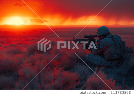 The silhouette of a soldier against the dawn horizon symbolizes the quiet strength and readiness as they face the challenges of a new day. The silhouette of a soldier against the dawn horizon symbolizes the quiet strength and readiness as they face the challenges of a new day. 113783898