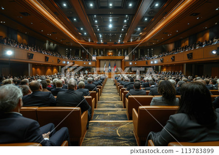 Wide view of a formal assembly in a modern auditorium. 113783899