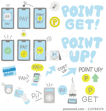 A set of illustrations of devices such as smartphones and text that represent electronic payment 113784374