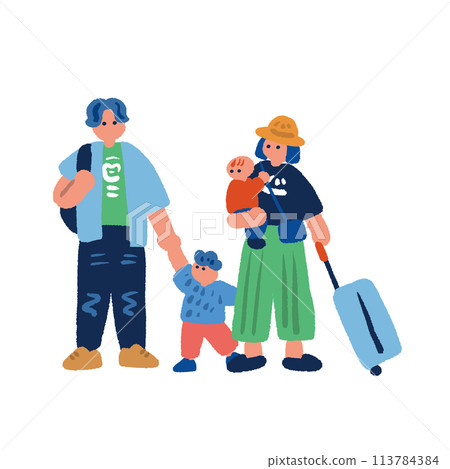 Simple and colorful hand-drawn illustration of parents and children going on a family trip Simple and colorful hand-drawn illustration of parents and children going on a family trip 113784384
