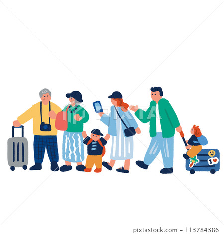 簡單多彩的手繪插畫,三代父母和孩子一起去家庭旅行 簡單多彩的手繪插畫,三代父母和孩子一起去家庭旅行 113784386