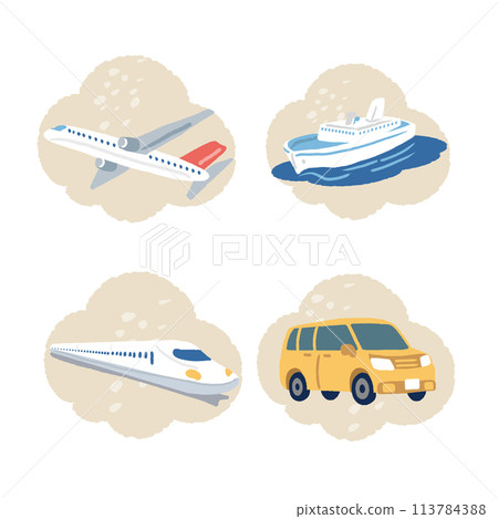 飛機、渡輪、子彈列車和汽車的插圖 113784388