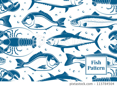 Fish retro styled seamless pattern. Vector illustration. Fish underwater. Blue and White Nautical Design. Fabric, textile, wallpaper with tuna fish. Fish retro styled seamless pattern. Vector illustration. Fish underwater. Blue and White Nautical Design. Fabric, textile, wallpaper with tuna fish. 113784504