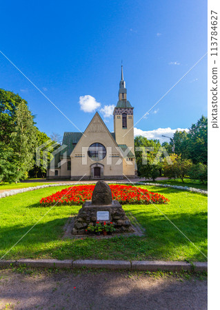 Evangelical Lutheran Church of Transfiguration in Zelenogorsk and Square of Victory. Memorial stone in honor of 75 Finnish soldiers who died during Patrioti. Old Finnish city Terijoki, Russia. Europe. 113784627