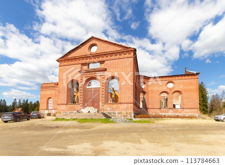 Beautiful view to Yakkima kircha (church) ruins which nowadays City of Angels Museum Lahdenpohja. Birds eye view to Attractions of Karelia region on a sunny summer day. Russia. 113784663