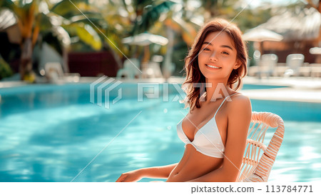 Smiling woman sitting on a beach chair 113784771