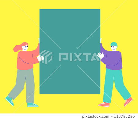 兩名男子和婦女拿著留言板的插圖被隔離在白色背景上。 113785280