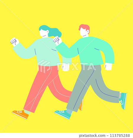 兩個男人和女人帶著微笑奔跑的插圖在白色背景下被隔離。 兩個男人和女人帶著微笑奔跑的插圖在白色背景下被隔離。 113785288