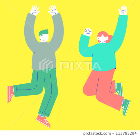兩個男人和女人高興地跳躍的插圖在白色背景上被隔離。 兩個男人和女人高興地跳躍的插圖在白色背景上被隔離。 113785294
