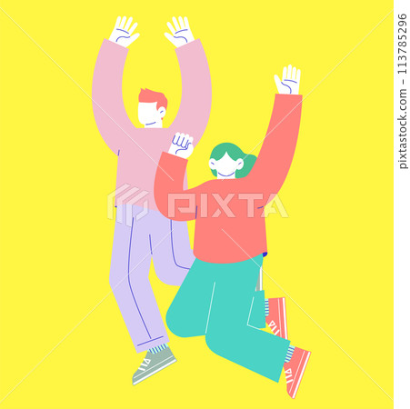 Illustration of two men and women jumping with joy. Flat RGB vector material isolated on white background 113785296
