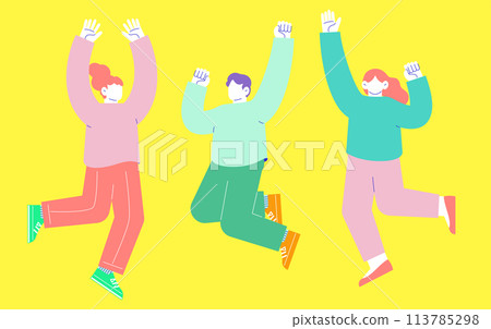 在白色背景上孤立的三個男人和女人高興地跳躍的插圖。 在白色背景上孤立的三個男人和女人高興地跳躍的插圖。 113785298