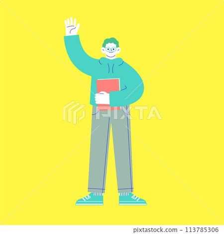 一個戴眼鏡的男人拿著文件並舉起手來問候的插圖,在白色背景上隔離。 一個戴眼鏡的男人拿著文件並舉起手來問候的插圖,在白色背景上隔離。 113785306