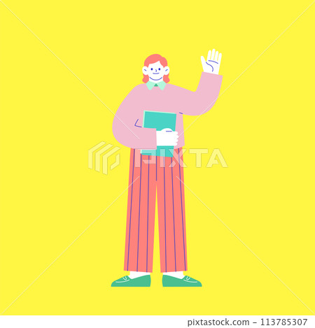 一名婦女舉起手在白色背景上隔離的文件的插圖。 一名婦女舉起手在白色背景上隔離的文件的插圖。 113785307