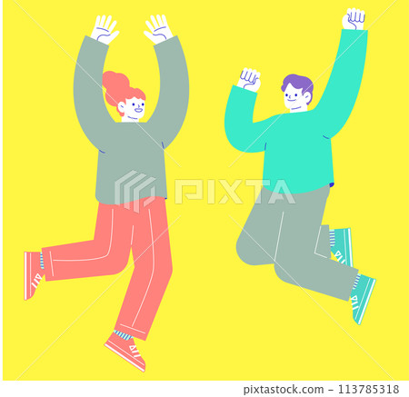 Illustration of two men and women jumping with joy. Flat RGB vector material isolated on white background Illustration of two men and women jumping with joy. Flat RGB vector material isolated on white background 113785318