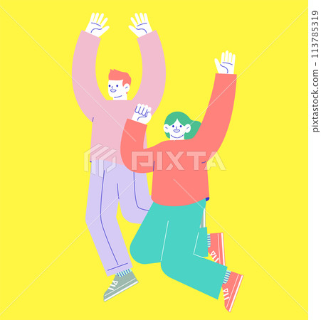 兩個男人和女人高興地跳躍的插圖在白色背景上被隔離。 兩個男人和女人高興地跳躍的插圖在白色背景上被隔離。 113785319