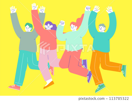 Illustration of four men and women jumping with joy. Flat RGB vector material isolated on white background 113785322