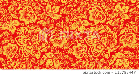 Hohloma in red and gold colors seamless pattern 113785447