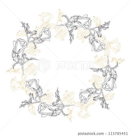 Wild roses flower with leaves circle wreath. Black ink line art and gold foil hand drawn illustration for card, logo or wedding invitations. Elegance vector, isolated on white background 113785451