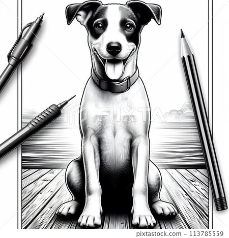 Black and white illustration of a dog sitting 113785559