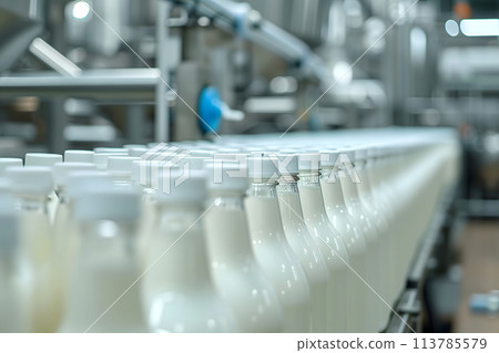 Factory line for processing and bottling of milk. Selective focus. 113785579