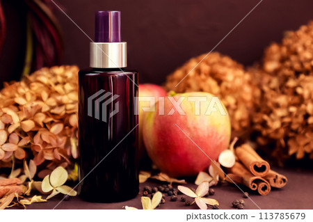 cosmetic oil spray bottle, apples, cinnamon, dried flower. Skincare beauty and liquid antibacterial spray. sunscreen, sunblock or sun cream. cosmetics skin hair care product blank packaging, mockup 113785679