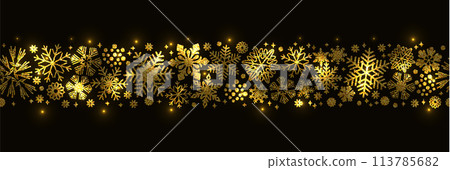 Gold and black seamless snowflake border, Xmas 113785682