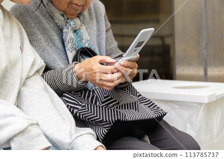 Grandson teaching grandma how to use a mobile phone 113785737