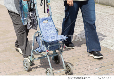 Elderly people walking while pushing a silver cart 113785852
