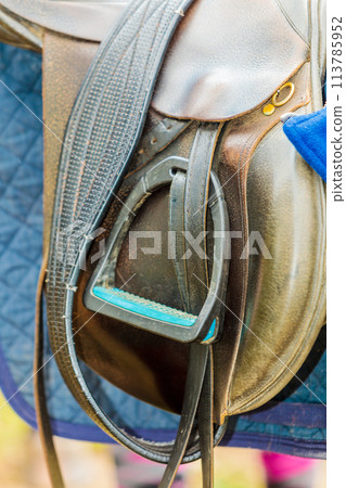Detailed close up of horse saddle with stirrup Detailed close up of horse saddle with stirrup 113785952
