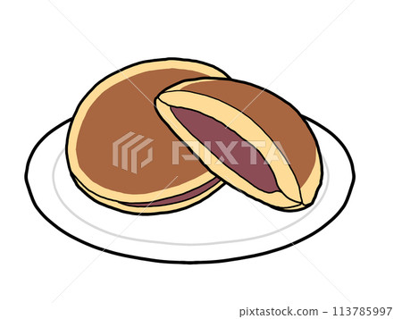 Illustration of dorayaki with smooth bean paste on a plate 113785997
