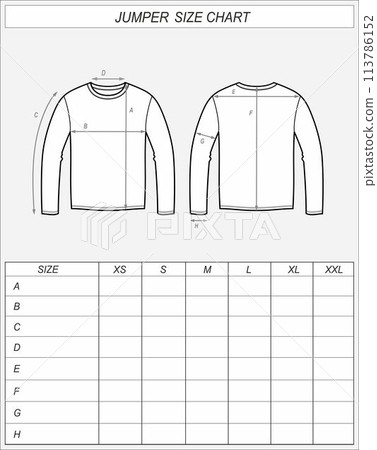 Jumper size chart. Sweatshirt front and back. Jumper size chart. Sweatshirt front and back. 113786152
