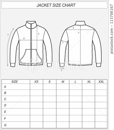 Zip up jacket size chart. Zip up jacket size chart. 113786167