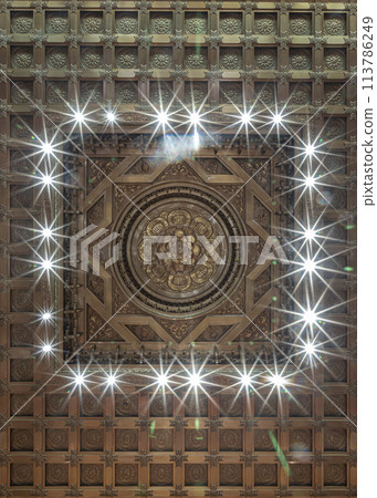 Decorative sculptures on ceiling interior the Buddhism church of Fo Guang Shan Thaihua Temple. 113786249