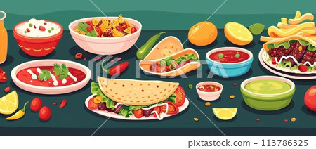 An abundant spread of classic Mexican dishes, including tacos, nachos, salsas, and citrus-infused accompaniments, creating a vibrant and mouth-watering feast. 113786325