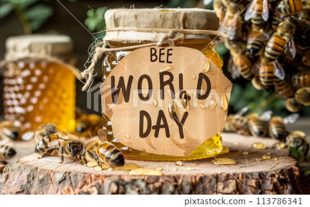 A rustic honey jar adorned with a handmade 'Bee World Day' label, surrounded by buzzing bees and dripping honey, highlighting the importance of these vital pollinators. 113786341