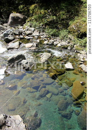 A clear stream flowing through a valley of fresh greenery 113786703