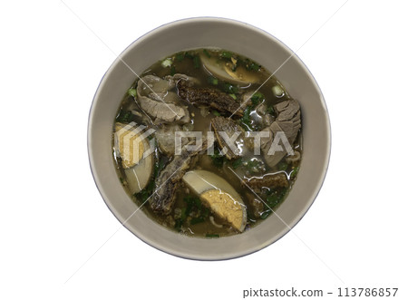 Rolled rice noodles in five-spices broth isolated on white background with clipping path. Rolled rice noodles in five-spices broth isolated on white background with clipping path. 113786857