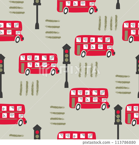 Seamless pattern with cartoon red London bus. Baby print 113786880