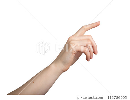 Finger touching something empty, clicking screen, hand gesture isolated Finger touching something empty, clicking screen, hand gesture isolated 113786905