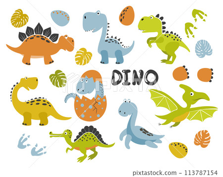 Set of funny cartoon dinosaurs for kids. Vector illustration 113787154