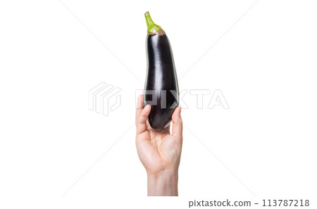 ripe eggplant vegetable in hand isolated on white background ripe eggplant vegetable in hand isolated on white background 113787218
